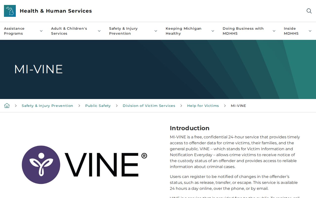 MI-VINE notification service for Mecosta County custody records